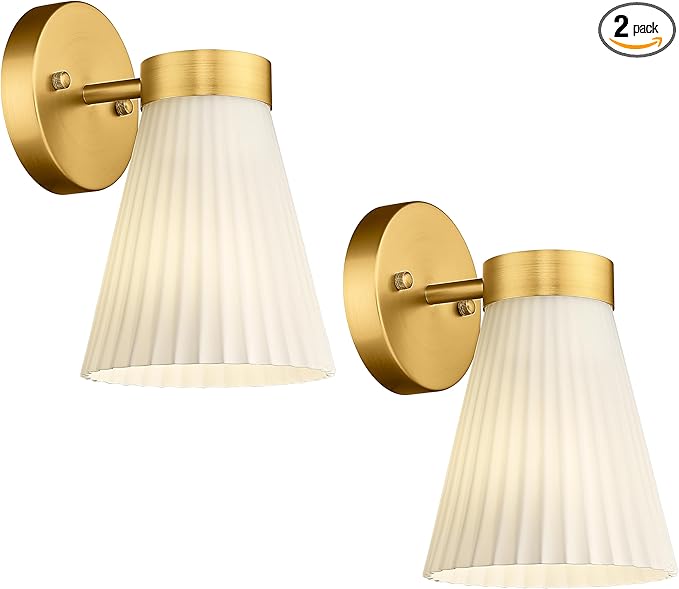 Gold Wall Sconces Set of Two, HWH Modern Bathroom Vanity Sconce Wall Lighting Indoor Wall Lamp with Frosted White Striped Glass, 5HZG97B-2PK BG
