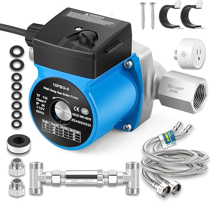 Instant Hot Water Recirculating Pump Kit with 304 Stainless Steel Bypass Valve, 20-in PEX Supply Lines for Potable Water, Smart Plug and Adapters with Rubber Washers for Tank Water Heaters