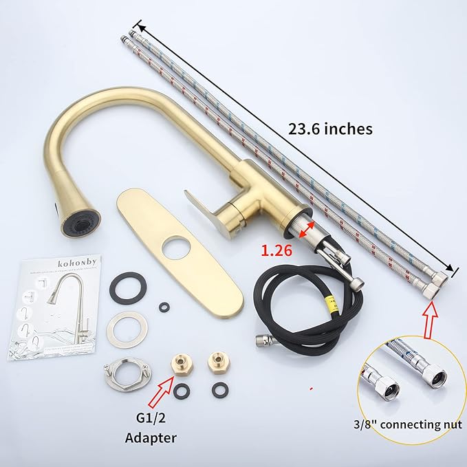 Gold Kitchen Faucet with Pull Down Sprayer Modern Stainless Steel High Arc Single Handle Kitchen Sink Faucet Brushed Gold, Commercial 1 Hole Kitchen Faucet with Deck