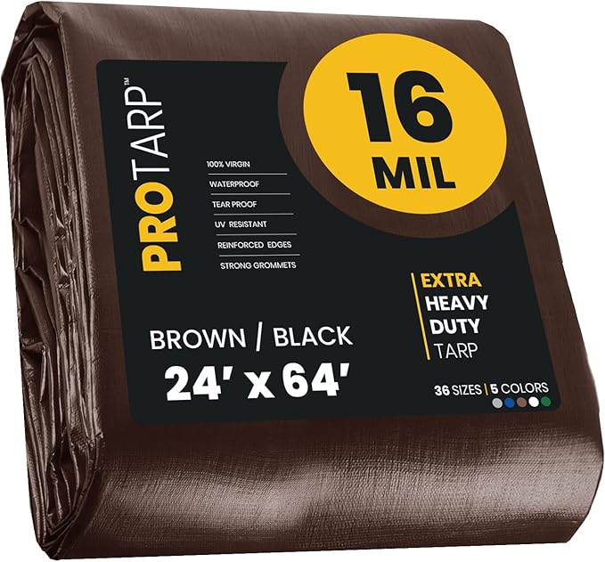 PROTARP Extra Heavy Duty 16 Mil Tarp Cover, Waterproof, UV Resistant, Rip and Tear Proof, Poly Tarpaulin with Reinforced Edges for Roof, Camping, Patio, Pool, Boat. (Brown/Black 24′ X 64′)