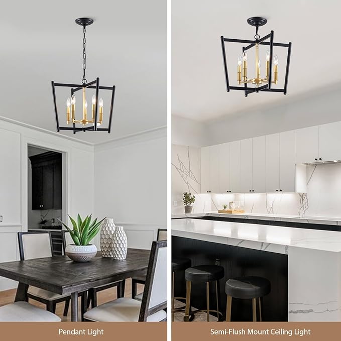 Black Gold Chandelier Light Fixture, Geometric Modern Farmhouse Pendant Light for Dining Living Room Entryway Kitchen Island Bedroom Chandelier, 5 Lights Metal Hanging Ceiling Light, 20 Inch