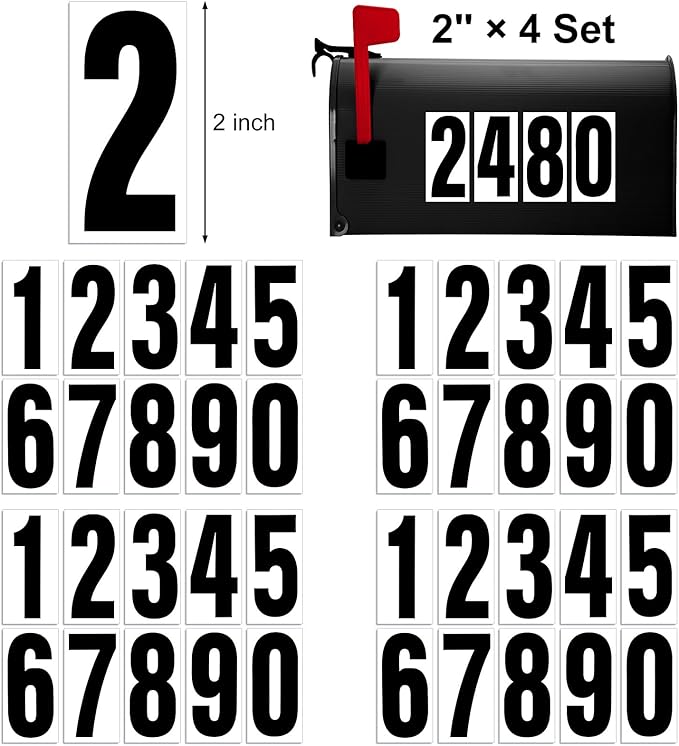 Reflective Number Stickers, 4 Sets 2 Inch Vinyl Waterproof Black Mailbox Numbers for Outside, Strong Self-adhesive House Numbers Decals for Mailbox Door Signs Trucks
