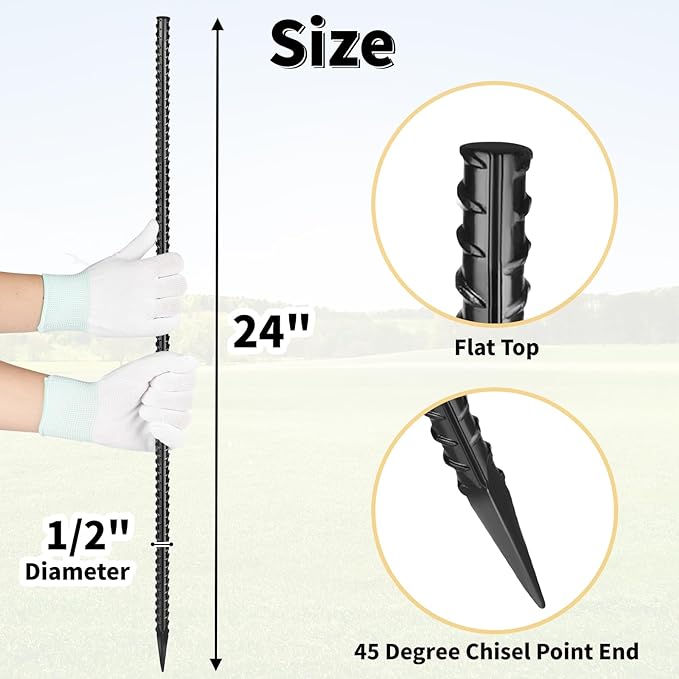 24 Inches Straight Rebar Stakes(20-Pack), 1/2" Diameter Steel Metal Stakes for Garden with Chisel Point End Heavy Duty Ground Anchors for Landscape, Concrete Form, Camping & Trapping Black
