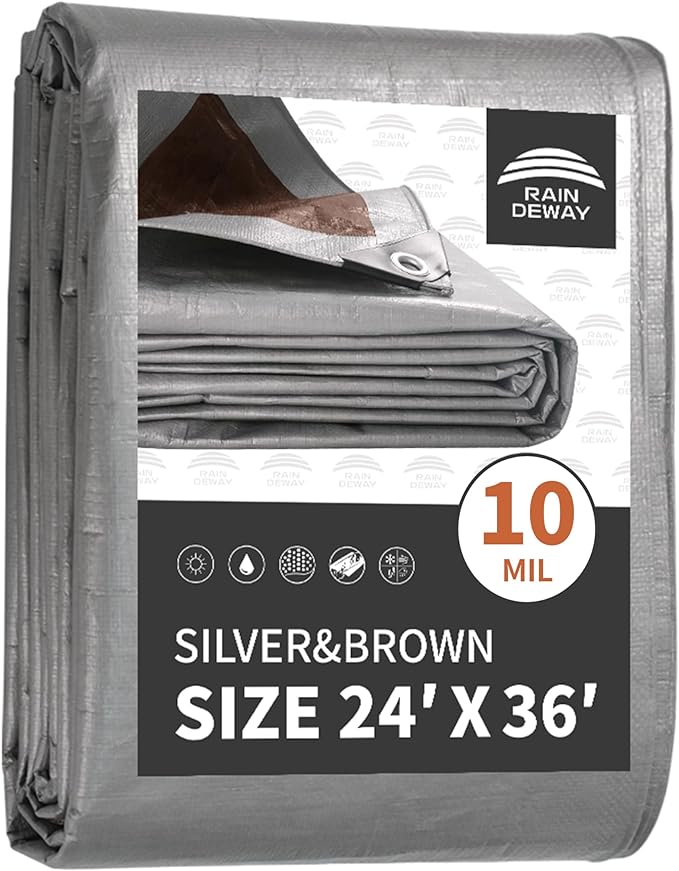 RAINDEWAY Tarps Heavy Duty Waterproof 24x36 Feet,10Mil Thick Multipurpose Large Tarp Cover with Metal Grommets and Reinforced Edges,Silver/Brown Tarp