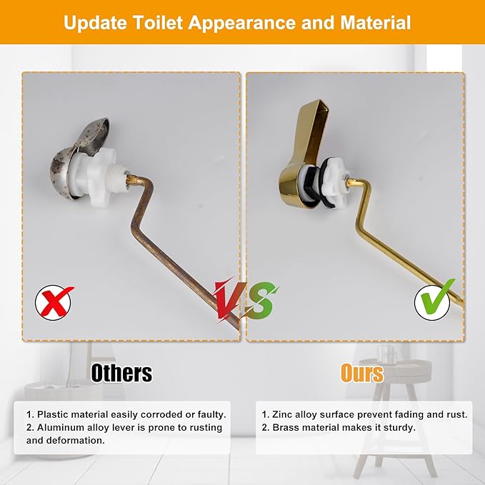 Hibbent Universal Metal Side Mount Toilet Handle Replacement Kit, Brass Toilet Flush Tank Lever with Stainless Steel Flapper Chains for Most Toilets, Shiny Gold