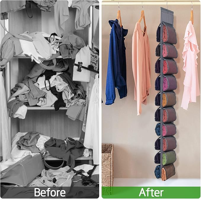 2 Pack Legging Storage Organizer- Hanging Closet Organizer System Clothes Closets Holder with 20 Roll Independent Compartments for Yoga Leggings T-Shirts Bras Socks Pants Tank Top Towel(Grey)