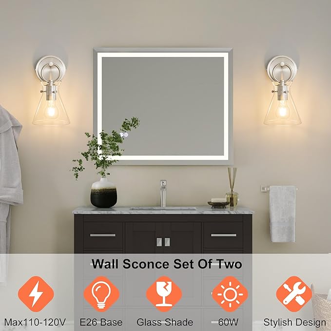 Wall Sconce for Bathroom Modern Vanity Light Fixtures Hardwired Wall Mount Lighting Lamp Farmhouse Wall Lights with 6" Clear Glass Shade for Bedroom Living Room, Brushed Nickel, 1 Pack