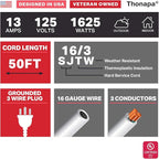 50 ft White Extension Cord 3 Prong for Indoor & Outdoor, 13 Amp White Outdoor Extension Cord 50 Foot, 16 AWG Electrical Cable SJTW for Landscaping, Lawn, Lamp, Home & Office - US Veteran Owned