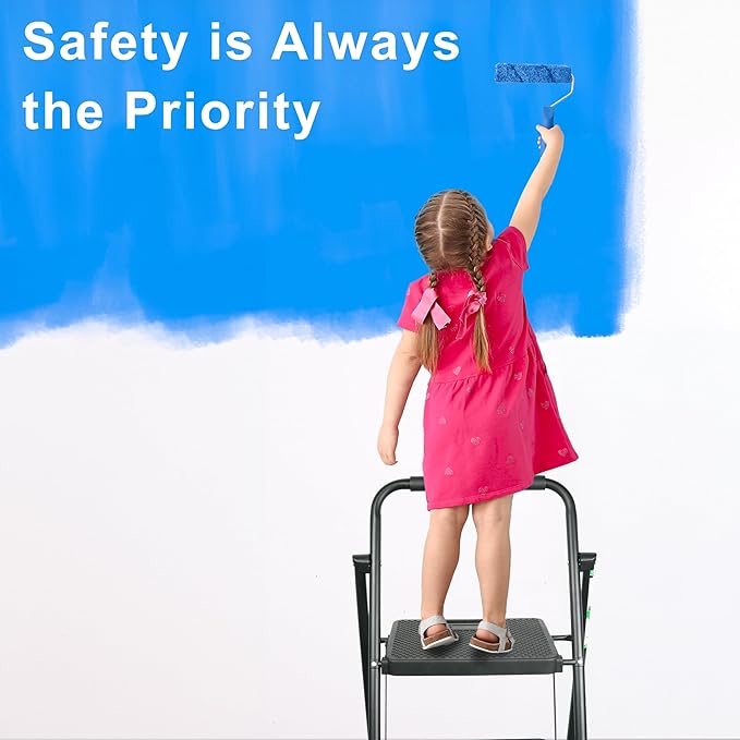 3 Step Ladder, Portable Steel Folding Step Stool with Wide Anti-Slip Pedal & Convenient Handgrip, 500lbs Sturdy Steel Ladder, Black