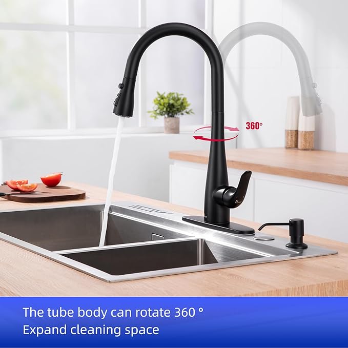 Kitchen Faucet with Soap Dispenser and Pull Down Sprayer - Stainless Steel Single Handle Kitchen Sink Faucet, 1 or 3 Hole Design for Modern Farmhouse Kitchens, Rv, and Bar Sinks (Matte Black)