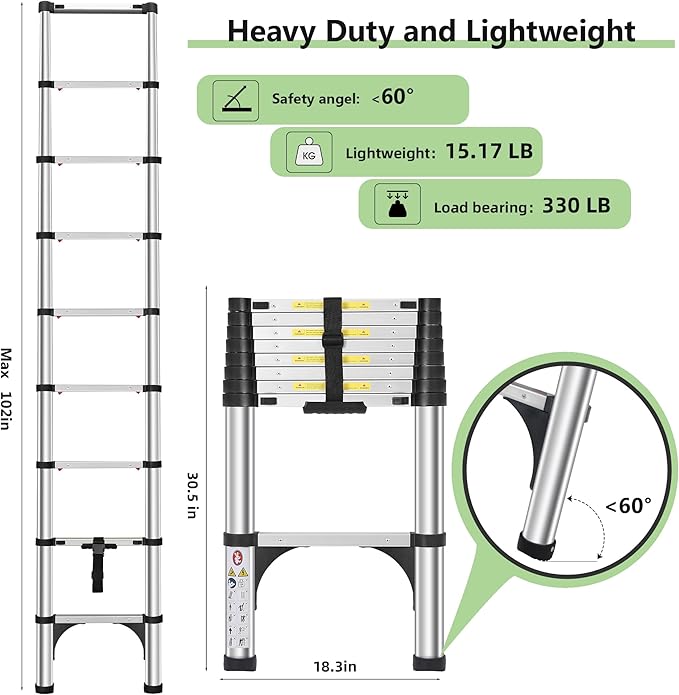 Telescoping Ladders 8.5 FT Aluminum Ladder - One-Button Retraction Collapsible Telescopic Ladder for Home,RV,Attic & Loft, Lasts 330 LBS with 2 Triangle Stabilizers and 2 Detachable Hooks
