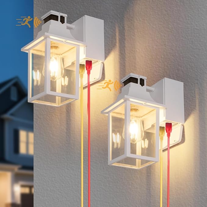 2 Pack White Porch Lights with GFCI Outlet, Dusk to Dawn Motion Sensor Outdoor Lighting, Waterproof Exterior Wall Sconces for House Front Door and Garage