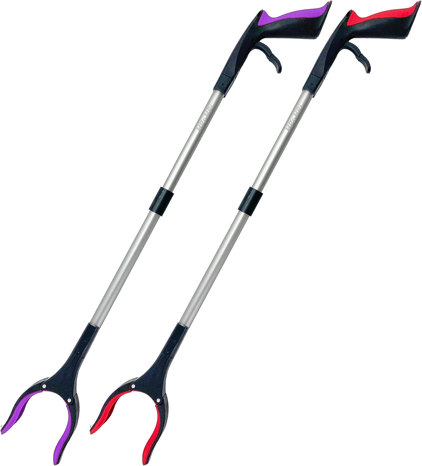 2-Pack Reacher Grabber Tool, Foldable Trash Picker Grabber, Trash Gripper, Garden Nabber, Litter Picker, Extended Grabber（Red/Purpl)