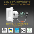 NUWATT 12 Pack, 4 Inch Square Can Light, 4" Square Retrofit LED Recessed Lighting, 5CCT Selectable 2700K/3000K/3500K/4000K/5000K, 750 Lumens, 11W, Dimmable Ceiling Light, Wet Rated Downlight, ETL