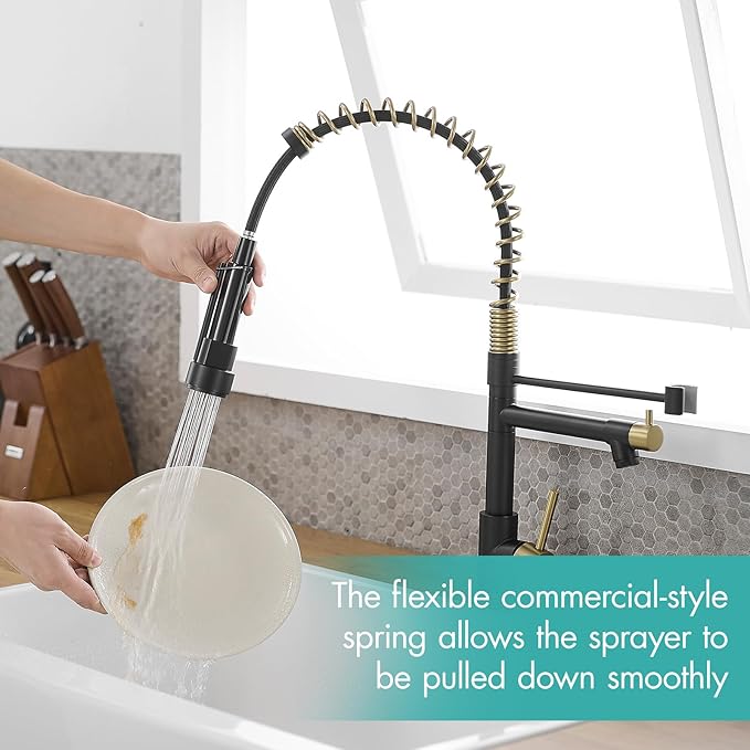 AIMADI Kitchen Faucet,Black and Gold Kitchen Faucet with Sprayer,Commercial Style Matte Black Single Handle Single Hole Kitchen Sink Faucet