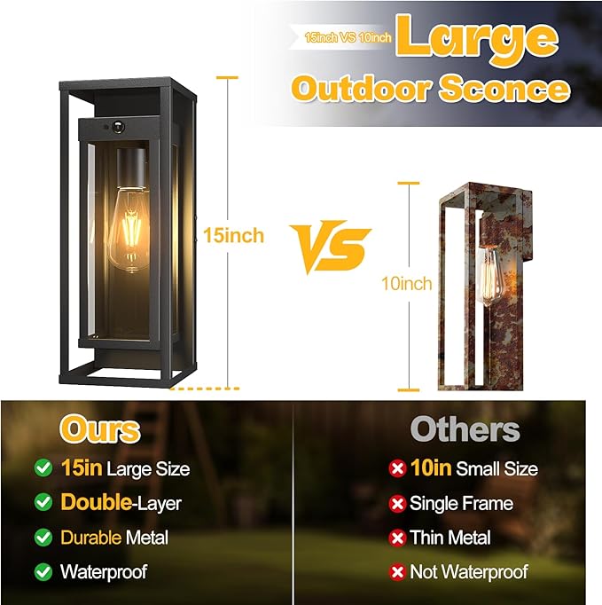 Motion Sensor Outdoor Wall Light 2Pack-15in Modern Dusk to Dawn Porch Sconce Wall Mounted Waterproof Exterior Lighting Fixture E26 Black Lantern for Outside House Garage Entryway