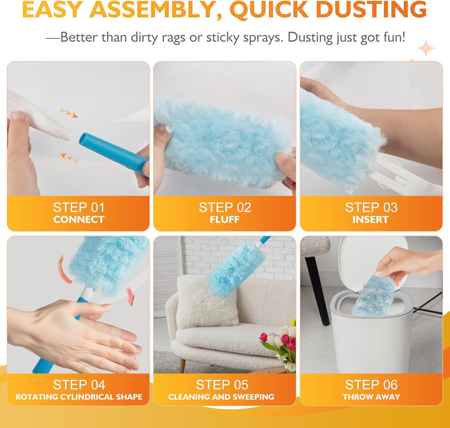 60ct 360° Heavy Duty Duster Refills Kit for Swiffer Duster, 4X Dust Capture Power with Microfiber, Disposable Feather Dusters for Cleaning Ceiling Fan, Cobweb, Car,1 Extended &1 Short Handle
