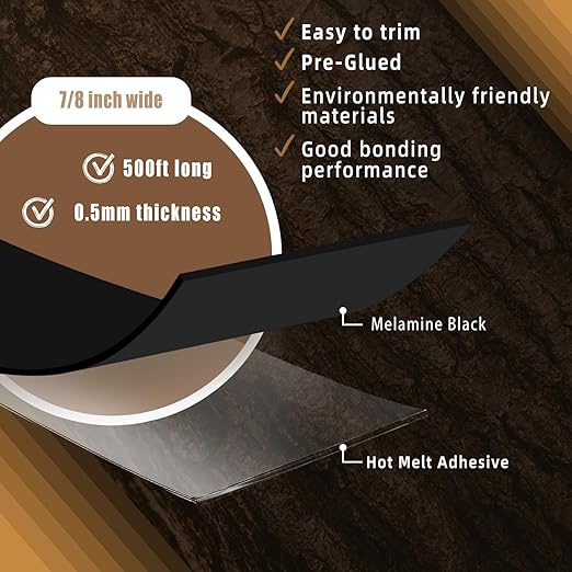 GSCIT Club Black Melamine Edge Banding, 7/8 inch x 500ft Edge Banding with Hot Melt Adhesive Pre-glued Cabinet Edge Banding Flexible Black Veneer Edging for Plywood