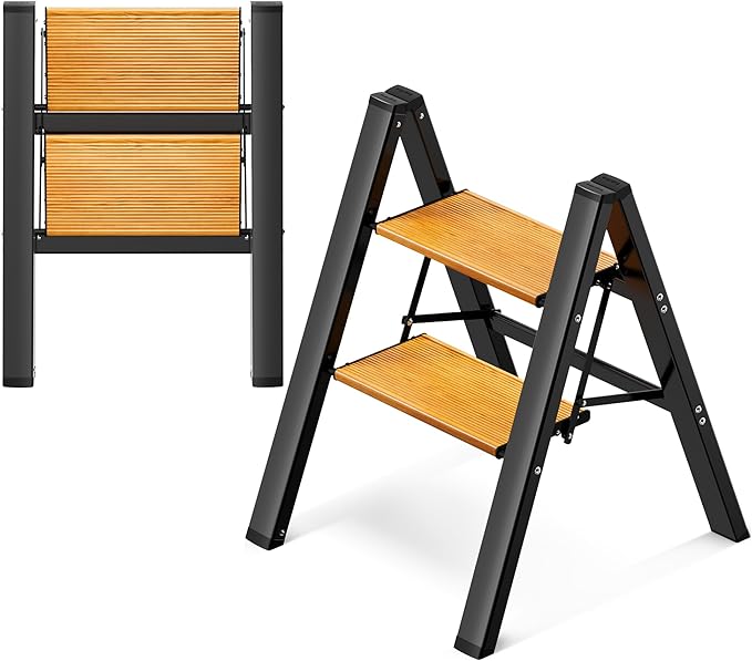 GameGem 2 Step Ladder, Aluminum Folding Step Stool with Anti-Slip Sturdy and Wide Pedal, Lightweight Portable Stepladder for Home and Kitchen Use Space Saving, 330 lbs, Black Woodgrain