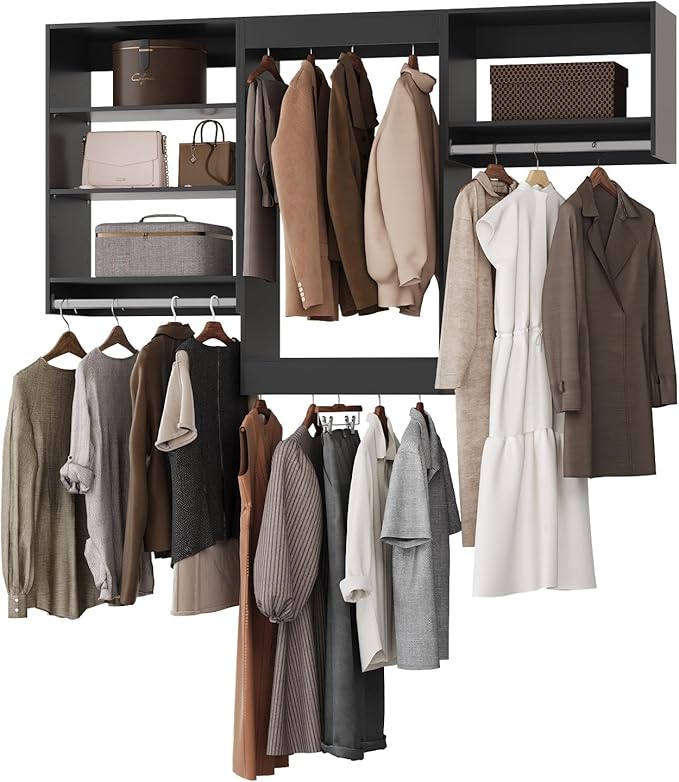 Modular Closet System, 96" Wide Closet Organizer System with Hanging Shelving , Wood Tower Closet Storage for Walk In Closets, Wall Mounted Wardrobe Organizer Kit System, Bedroom, Black