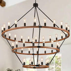 Extra Large 63'' Wooden Wagon Wheel Chandelier Farmhouse 3 Tier 48 Lights Black Rustic Round Wood Pendant Light Fixture for High Ceiling Living Dining Room Foyer Villa Staircases
