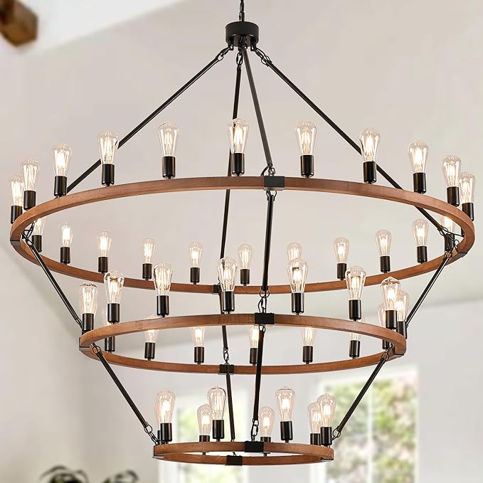 Extra Large 63'' Wooden Wagon Wheel Chandelier Farmhouse 3 Tier 48 Lights Black Rustic Round Wood Pendant Light Fixture for High Ceiling Living Dining Room Foyer Villa Staircases