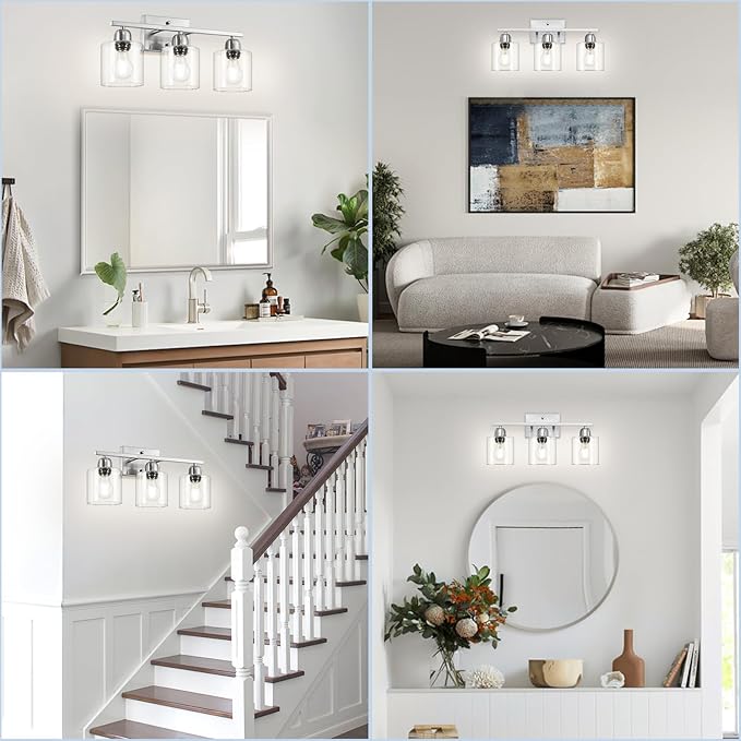 Modern Brushed Nickel 3 Light 19 inch Vanity Lights for Bathroom with Clear Glass, Bathroom Lighting Fixtures Over Mirror for Mirror Kitchen Living Room Hallway Cabinet Porch