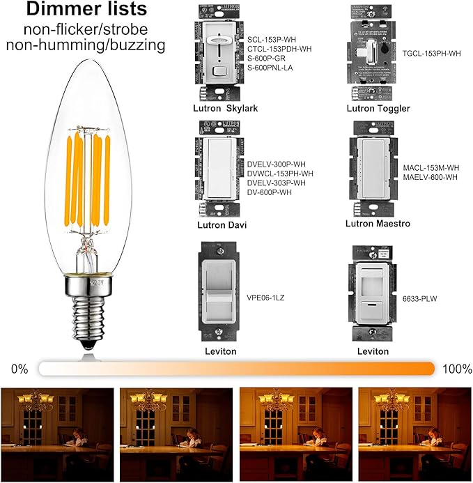 LiteHistory Dimmable B10 led Bulb 6W Equal 60W led Candelabra Bulb 2700k Clear e12 Edison Bulb for Chandelier Light Bulbs and Ceiling Fan Light Bulbs AC120V 600lm b11 led Bulb Torpedo 6Pack