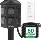 TiFFCOFiO Outdoor Power Strip with 60 FT Extension Cord, 100FT Remote Control, Dusk to Dawn Light Timer Waterproof, 6 Grounded Outlets for Yard, Pool and Garden, ETL Listed