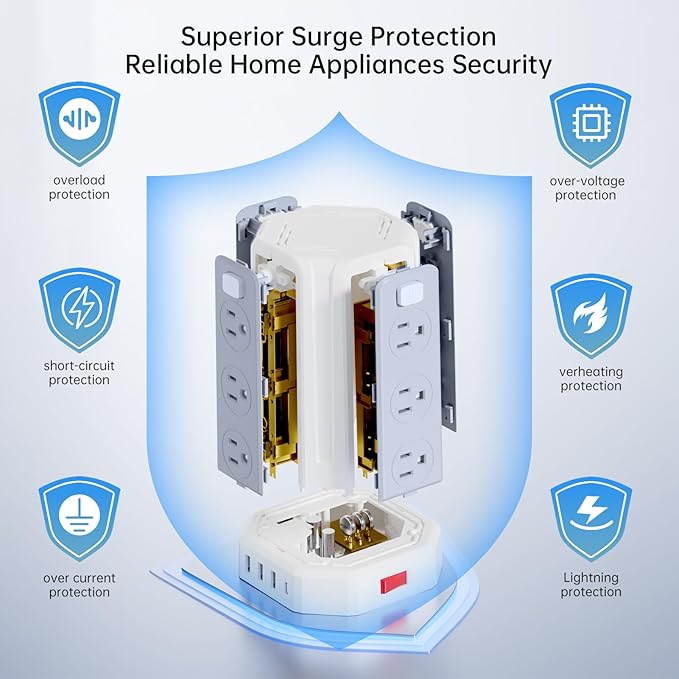 Power Strip Surge Protector, 10 Ft Extension Cord with 12 AC Multiple Outlets 4 USB (1 USB C), SMALLRT Power Tower Desktop Charging Station (White, 10 FT PD20W)