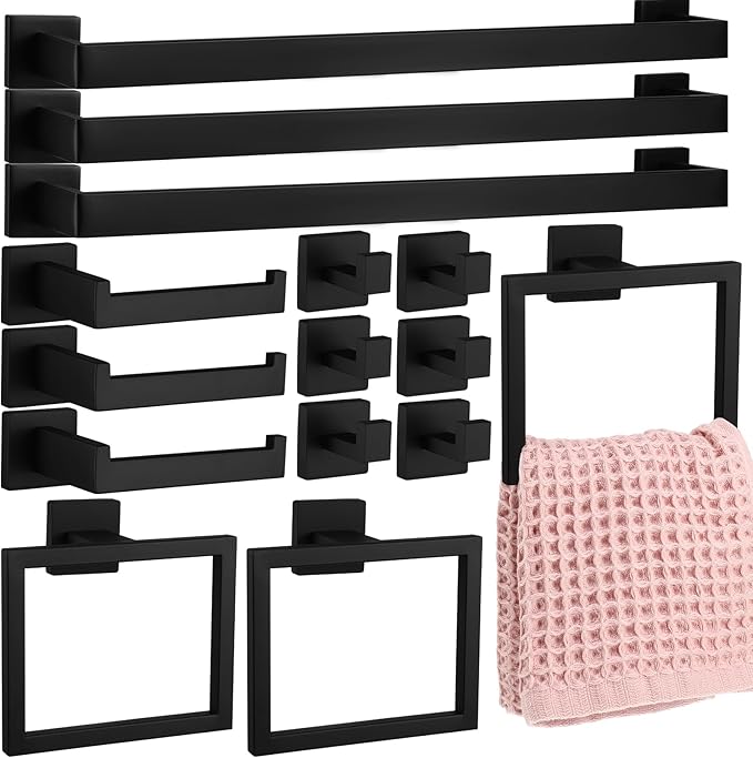 Gisafai 15 Pcs Bathroom Hardware Accessories Set 23.6 Inch Bath Towel Bar Kit Stainless Steel Bathroom Hardware Set Towel Racks Ring Hooks Paper Holder for Wall Mounted (Black)