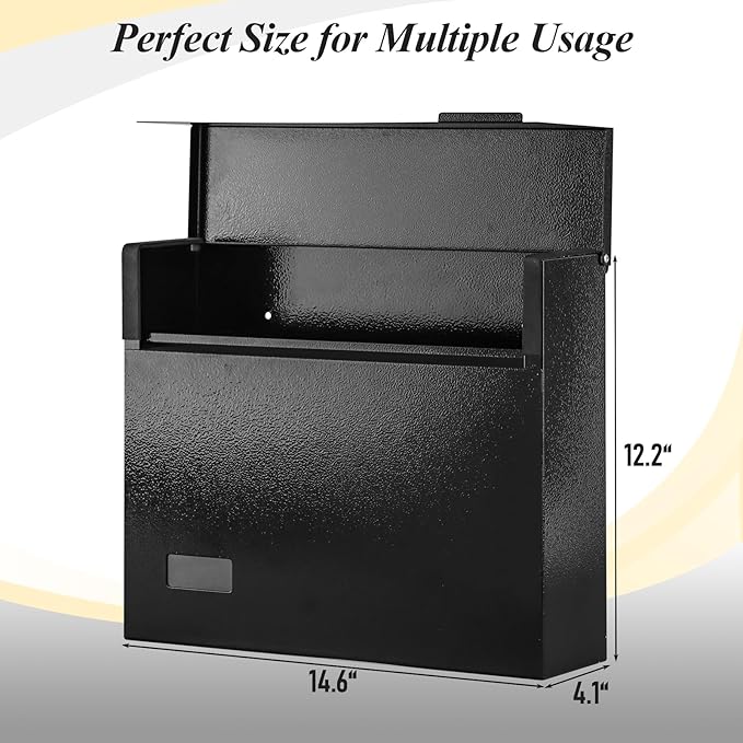 xydled Mailbox Wall Mount Mailboxes for Outside, Large Capacity Steel Hanging Metal Mailbox, Modern Post Box, Black,14.6''x12.2''x4.1''