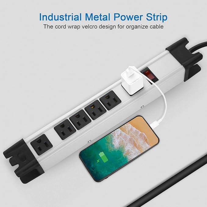 Heavy Duty Surge Protector Power Strip - 6 Outlet Industrial With 15A, Shop Workshop Garden Metal, 6FT Cord, 1200 Joules, ETL Listed (15FT, Grey)