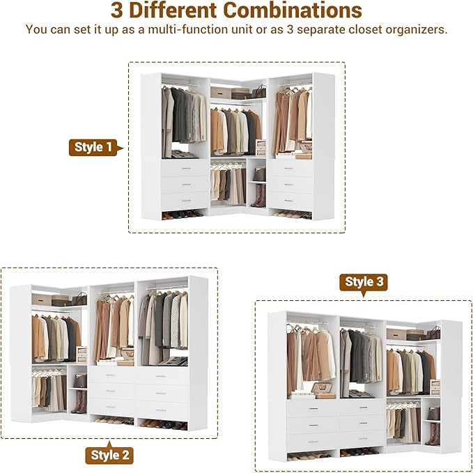 Aheaplus Closet System with 6 Drawers, 4 Hanging Rods & Corner Tower, Corner Closet System with Hanging, 80.9" L-Shaped Walk-In Wardrobe Organizer, 2000+ lbs Capacity, Set of 3, White