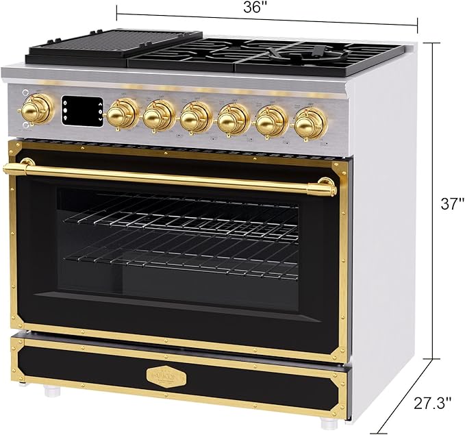 Akicon 36" Freestanding Gas Cooktop Oven Combo, Features 6 Sealed Burners, 5.2 Cu.ft Rapid Convection Oven, Convertible Fuel (NG/LP), Durable Cast Iron Grating (MBGBGGA1)