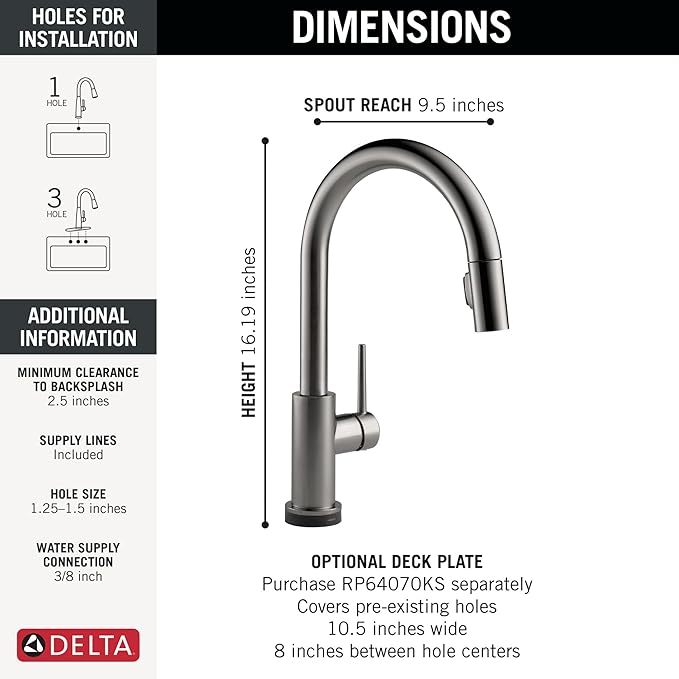 Delta Trinsic Touchless Kitchen Faucet with Touch Technology, Black Stainless Kitchen Sink Faucet with Pull Down Sprayer, Single Hole, Black Stainless 9159TL-KS-DST
