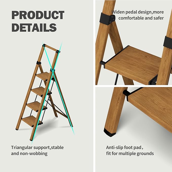 4 Step Ladder,Lightweight Folding Step Stool with Aluminum Wide Pedal& Convenient Handgrip,330lbs Capacity Steel Ladder for Household and Office(Woodgrain)