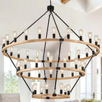 48 Lights 3 Tier Extra Large Wooden Wagon Wheel Chandelier Natural Farmhouse 63'' High Ceiling Black Rustic Round Wood Pendant Light Fixture for Living Room Foyer Villa Staircases