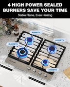 24 Inch Gas Cooktop, Propane Stove Top with 4 ITALY SABAF Sealed Burners 27,400 BTU, NG/LPG Convertible Built-in Stainless Steel Stovetop with Thermocouple Protection for Rvs Kitchen Outdoor