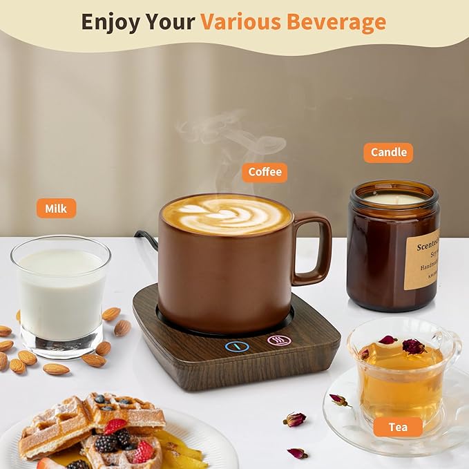 VOBAGA Coffee Warmer & Mug Warmer for Home Office Home Desk Use, Electric Cup Beverage Warmer with 3 Temperature Settings For Tea, Water, Cocoa with Auto Shut Off after 4 Hours (Wood Grain Warmer Set)