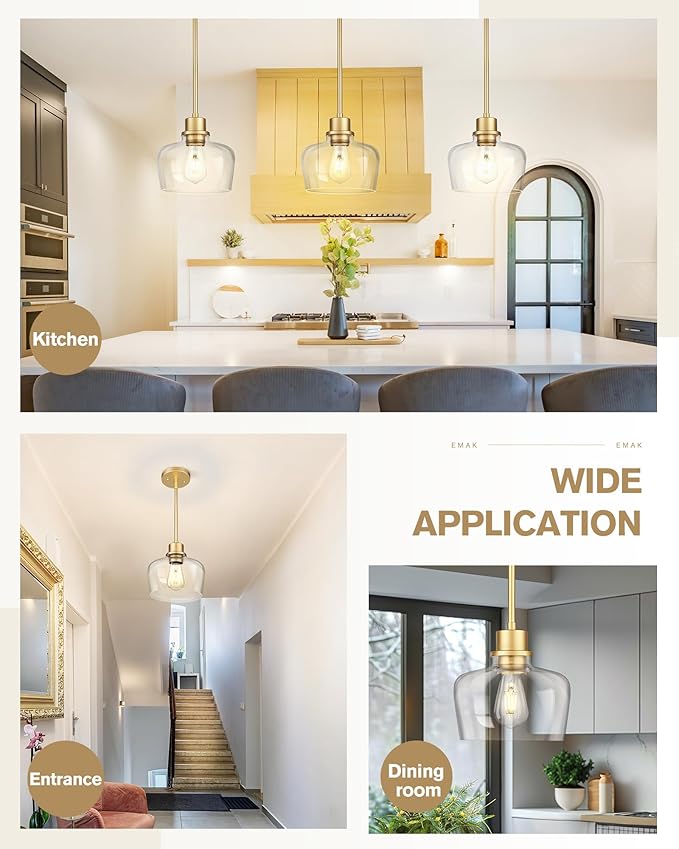Emak 8 Inch Clear Glass Pendant Lights Kitchen Island, Modern Gold Pendant Light Fixtures for Kitchen, Bathroom, Bedroom, Dining Room, PL122-GD-CG