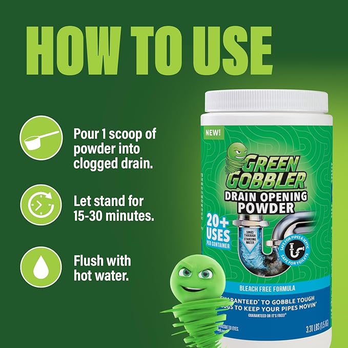 Green Gobbler Drain Clog Remover & Drain Cleaner Powder, 20+ Treatments, Maintenance Breaks Down Grease, Paper, Fat & Oil, Septic Safe
