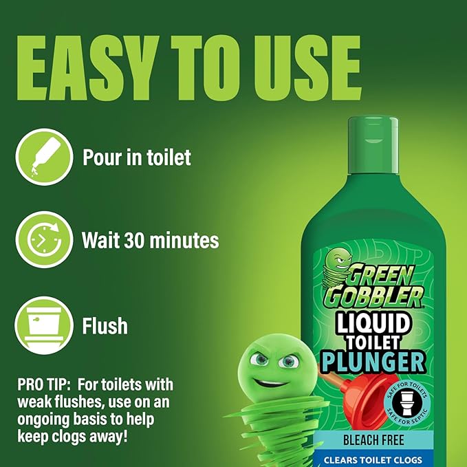 Green Gobbler Liquid Toilet Plunger | Clog Remover | Safe for Toilets and Septic | 2 Pack