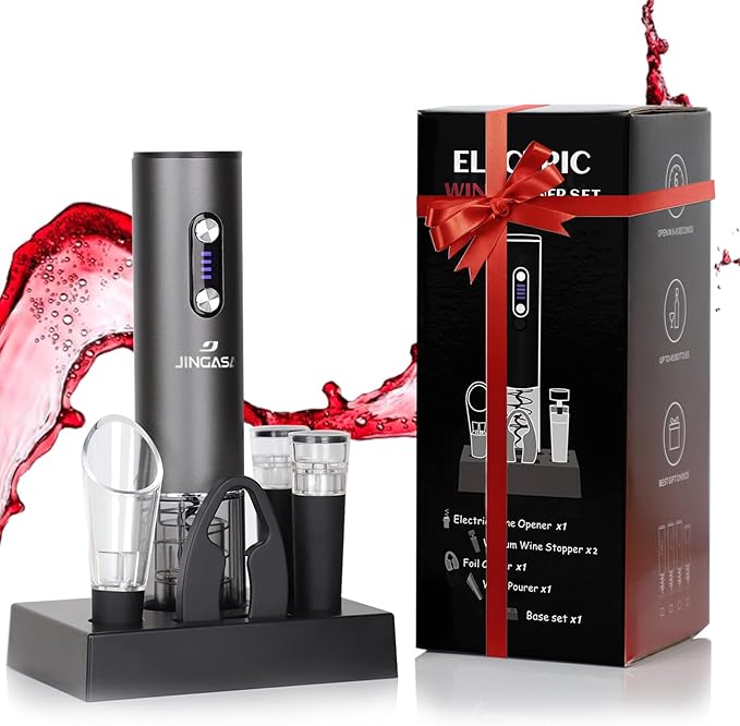 Electric Wine Opener Set – Rechargeable Wine Bottle Opener Kit with Foil Cutter, Vacuum Stoppers, and Wine Pourer – Best Wine Gift Set, Fancy Wine Opener for Wine Lovers and Parties