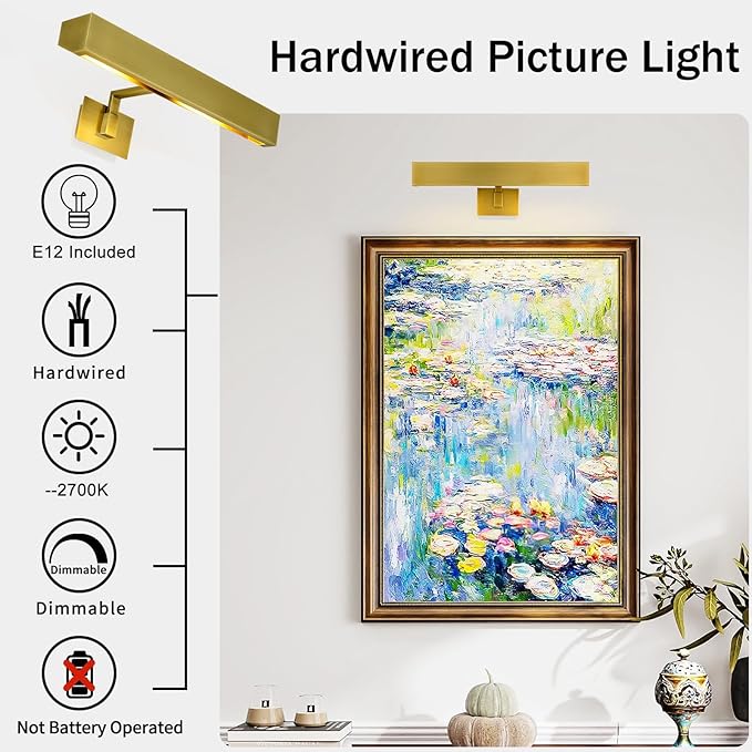 Picture Light, 18" Brass Picture Lights for Wall, Gold Art Lights Hardwired, Dimmable Gallery Light, 3000K Vanity Lights, Picture Frame Light for Bathroom Wall Sconces Artwork Poster Display