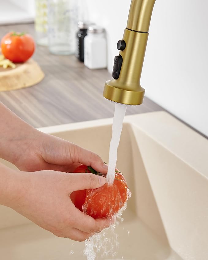 J-HVA Pull Down Kitchen Faucet Sprayer Head Replacement Part, 3 Function Pull Out Sink Sprayer Replacement Nozzle with 15 Adapters, Kitchen Faucet Head Hose Spray Tap Spout, Brushed Gold