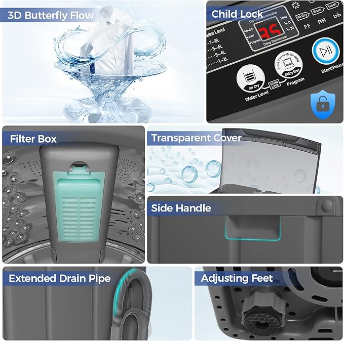 Nictemaw Portable Washing Machine 20Lbs Portable Washer with Drain Pump, 2.8 Cu.ft Compact Washer Machine with 10 Programs 8 Water Levels Compact Laundry Machine for Apartment, Home, Dorms, Rv