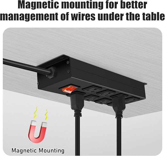 HHSOET Metal Magnetic Power Strip, 8 Outlet Mountable Socket, Wall Mount Heavy Duty Surge Protector, Catering for Your Every Need, Gaming Table Outlet with 6 FT Power Cord.(Black)