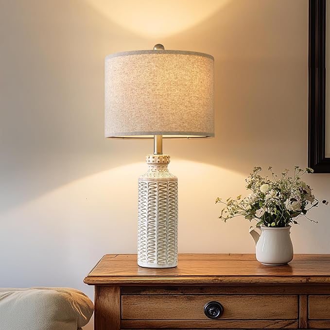 24.75'' Farmhouse Cream-White Ceramic Single Table Lamp for Bedroom Living Room Vintage Traditional Rustic Modern Nightstand Bedside Lamps