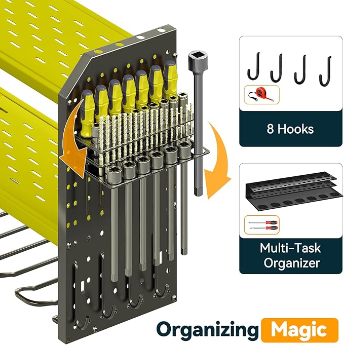 Warome Garage Power Tool Organizer with 8-Outlet Power Strip, Tool Storage Rack Wall Mount with 8 Cordless Drill Holders, Tool Organization Shelf with Charging Station in Green